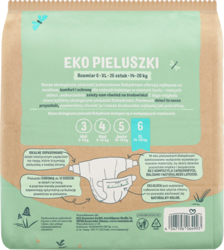 Tył brązowego opakowania papierowych pieluszek ekologicznych Babydream rozm. 6 XL, z zielonymi detalami i opisami.