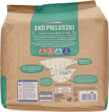 Tył brązowego papierowego opakowania Babydream Eko Pieluszek rozmiar 4 MAXI, z infografikami i opisami cech.
