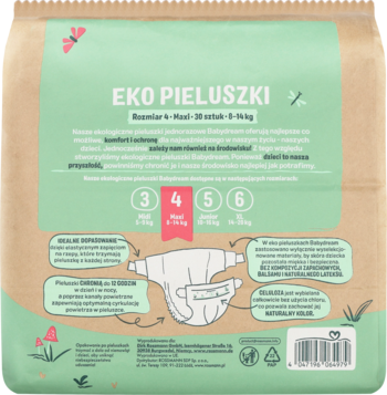 Tył opakowania Babydream Eko Pieluszki Rozmiar 4 Maxi, 8-14 kg. Brązowy papier, zielone napisy, diagram pieluszki.