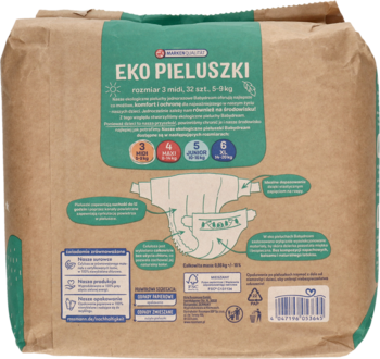 Tył papierowego opakowania Babydream Pieluszki Eko rozmiar 3, brązowe z zieloną etykietą i ikonami.