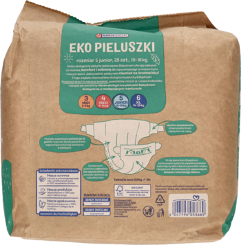 Tył brązowego, papierowego opakowania Babydream Pieluszek ekologicznych Junior 10-16 kg, z zielonymi infografikami.