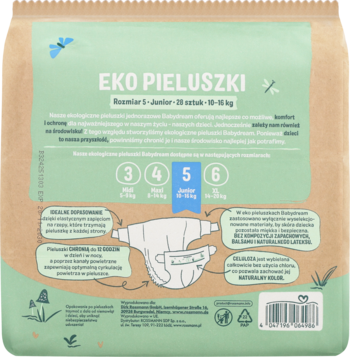 Tył opakowania Babydream Pieluszki ekologiczne rozmiar 5 Junior 10-16 kg, z opisami i schematem pieluszki.