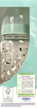 Szklana butelka Babydream 230ml z miętową pokrywką, szeroką szyjką i abstrakcyjnym wzorem, widok z boku.