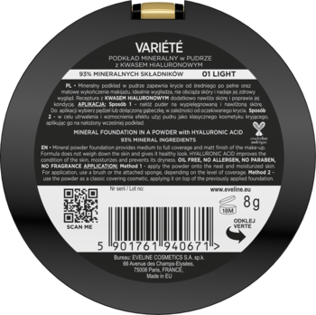 Tył okrągłego podkładu mineralnego Variété w pudrze Eveline, z widocznym opisem i kodem kreskowym, 8g.