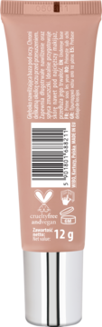 Tył brzoskwiniowej tubki bazy pod oczy, z opisem po polsku, wagą 12g i logo cruelty-free.