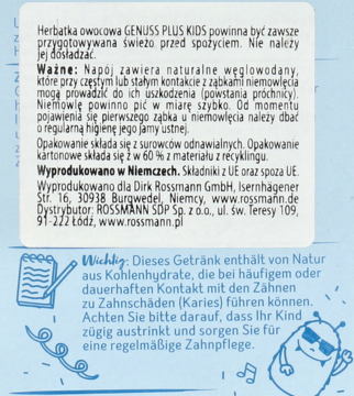 Tył opakowania herbatki owocowej Genuss Plus Kids z ostrzeżeniem o cukrach, składem i danymi producenta.