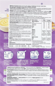 Tył fioletowego opakowania kaszki mlecznej Babydream BIO z wanilią, instrukcje i tabela wartości odżywczych.