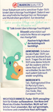 Tył opakowania Babydream Puder-Stift Extra sensitive, z opisem po niemiecku i listą składników. Widoczne koale.