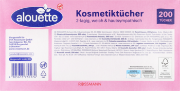 Tył różowego opakowania Alouette Kosmetiktücher, 200 sztuk, z kodem kreskowym i niemieckim tekstem.