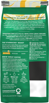 Tył zielonego opakowania kawy Starbucks Blonde Espresso Roast, z opisem blendu, stopnia palenia i instrukcją parzenia.