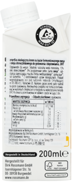 Tył białego kartonu Tetra Pak, 200ml wegańskiego kremu owsianego Rossmann, z tabelą wartości odżywczych.