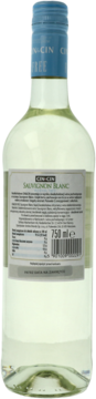 Tył białej butelki bezalkoholowego wina CIN&CIN Sauvignon Blanc z niebieską nakrętką i etykietą z opisem.
