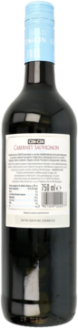 Tył butelki wina bezalkoholowego CIN&CIN Cabernet Sauvignon z białą etykietą, opisem i niebieską folią.