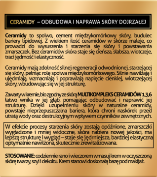 Złota etykieta kremu z czarnym tekstem o ceramidach, ich roli w odbudowie i naprawie skóry dojrzałej, widok z przodu.