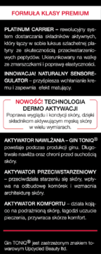 Etykieta męskiego kremu 40+ PLATINUM CARRIER, z opisem technologii, nawilżania i działania anti-aging.