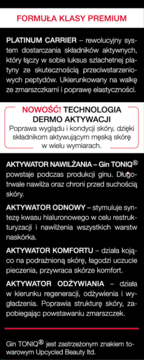 Męski krem 50+ Platinum Carrier: Tekstowa reklama z opisem technologii Dermo Aktywacji i aktywatorów pielęgnacji.