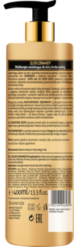 Tył opakowania złotej butelki Bielenda Golden Ceramides, ujędrniający balsam 400ml do bardzo suchej skóry.