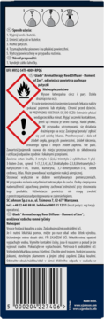 Tył opakowania Glade Aromatherapy Reed Diffuser Moment of Zen z instrukcją użycia, składem i kodem kreskowym.