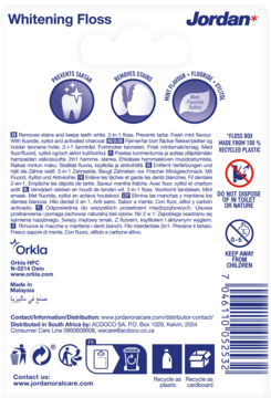Tył opakowania nici dentystycznej Jordan Whitening Floss, niebiesko-białe tło z opisem i symbolami recyklingu.
