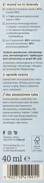 Tył opakowania nawilżającego kremu w aluminiowej tubce 40 ml, z opisem właściwości i kodem kreskowym.