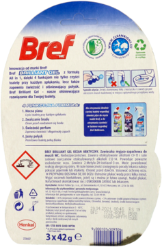Tył białego opakowania Bref Brilliant Gel 3x42g do WC z tekstem, ostrzeżeniami i instrukcjami.