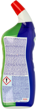 Bref Power Aktiv Gel Lemon, tył opakowania żelu do toalet, zielono-niebieska butelka z czerwoną nakrętką.