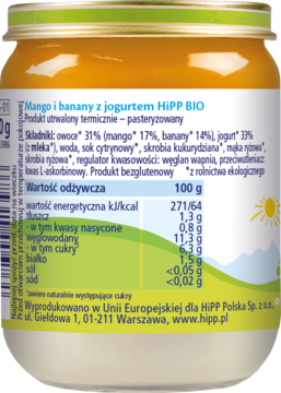 Słoiczek HiPP BIO Mango i banany z jogurtem, tył etykiety ze składem, tabelą wartości odżywczych i informacją o braku cukru.