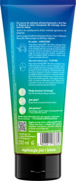 Tył niebiesko-zielonej tubki żelu Hair in Balance 200ml, mocne utrwalenie fal i loków, z polskimi instrukcjami.