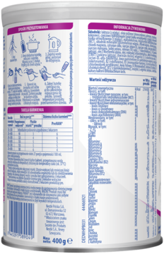 Tył puszki PreNAN dla niemowląt z tabelą wartości odżywczych i instrukcją przygotowania, biało-fioletowa.