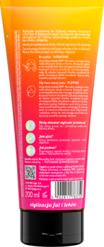 Tył pomarańczowo-różowej tubki stylizatora proteinowego Hair in Balance 200 ml do włosów kręconych z polskim tekstem.