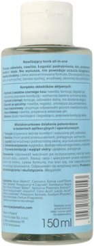 Tył butelki toniku Miya all-in-one w jasnoniebieskim kolorze z białym tekstem, widok na etykietę ze składem.