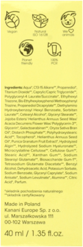 Tył opakowania kremu nawilżającego SPF 50+, widoczne certyfikaty: Vegan, Natural, 100% PCR i składniki.