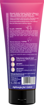 Tył różowo-fioletowej tubki Hair in Balance Aktywator skrętu w kremie 200ml, tekst informacyjny i kod kreskowy.