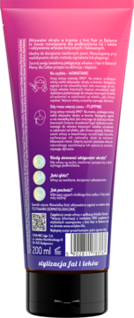 Tylna strona aktywatora skrętu Hair in Balance, tuba 200ml, różowo-fioletowa, opis stylizacji fal i loków.