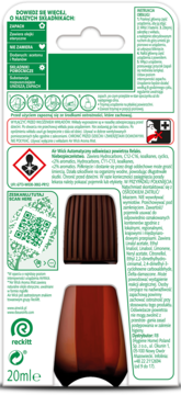 Tył opakowania Air Wick automatyczny odświeżacz powietrza 20ml. Widać brązową butelkę, QR i polski tekst z instrukcjami.