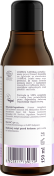 Tył brązowej butelki olejku na rozstępy dla kobiet w ciąży, z etykietą COSMOS NATURAL, składem i kodem.