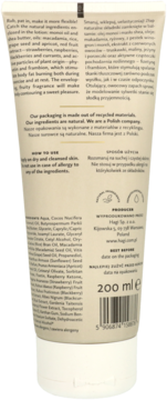 Tył beżowego balsamu Hagi 200 ml, z opisem naturalnych składników wspierających spalanie tkanki tłuszczowej.