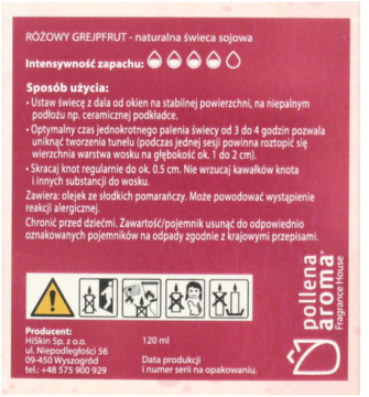 Tył etykiety czerwonej świecy sojowej Pollena Aroma Różowy Grejpfrut. Widoczne instrukcje, ostrzeżenia i piktogramy.