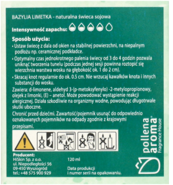 Tył zielonego opakowania świecy sojowej o zapachu bazylii i limonki, z białym tekstem i symbolami ostrzegawczymi.