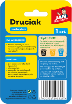 Tył opakowania druciaka Jan Niezbędny z uchwytem, stal nierdzewna, nie rdzewieje, z kodem kreskowym i tekstem eko.