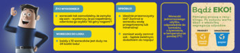 Poster: wesoły rysunkowy mężczyzna i niebiesko-żółta infografika z tekstem "Bądź EKO!", kosze do segregacji.
