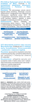 Tył opakowania Mixa Hyalurogel serum do skóry wrażliwej z listą składników i informacjami o dystrybutorze.