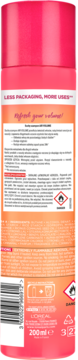 Tył opakowania suchego szamponu L'Oréal AIR VOLUME 200ml, różowo-pomarańczowa puszka z tekstem i kodem.
