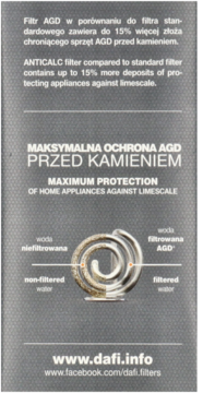 Ulotka filtra Daft AGD pokazująca spiralę z kamieniem i czystą, podkreślająca ochronę sprzętu przed osadem.
