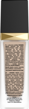 Tył beżowego podkładu Eveline Wonder Match w szklanej butelce, z widoczną etykietą i opisem w dwóch językach.