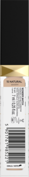 Tył opakowania korektora Wonder Match 15 Natural, 7 ml, z białobeżową etykietą, złotą nakrętką i kodem kreskowym.