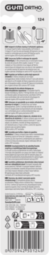 GUM ORTHO szczoteczka do zębów, tył szarego opakowania z instrukcjami dla aparatów ortodontycznych, tekstem, kodem.