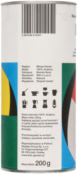Tył cylindrycznego opakowania kawy ziarnistej 100% Arabica 200g. Biała etykieta z danymi, kodem kreskowym i kolorowymi bokami.