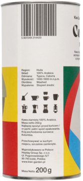Biała puszka kawy ziarnistej 100% Arabica 200g Huila, widok boczny z etykietą i ikonami parzenia kawy.