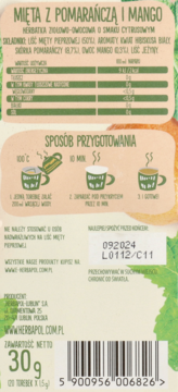 Tył opakowania herbaty Mięta z Pomarańczą i Mango; widoczne składniki, sposób przygotowania, kod kreskowy, 30g.